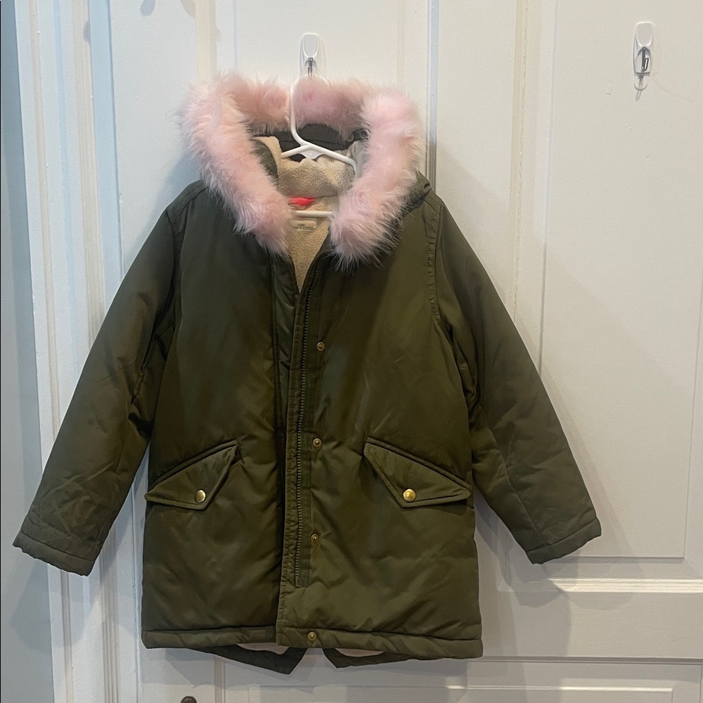 J. Crew Crewcuts nylon olive green parka with pink fur trim